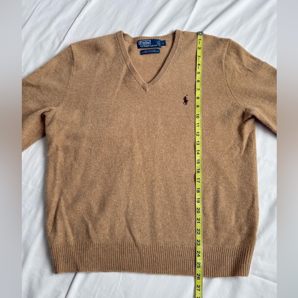 Polo Ralph Lauren 100% Lambswool V-Neck Sweater – Tan/Camel – Size L - Picture 6 of 9